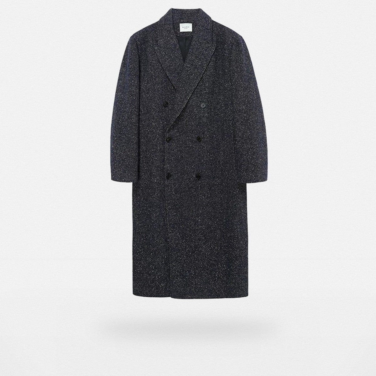 NANS Double Breasted Peak Lapel Wool Coat in Navy Blue