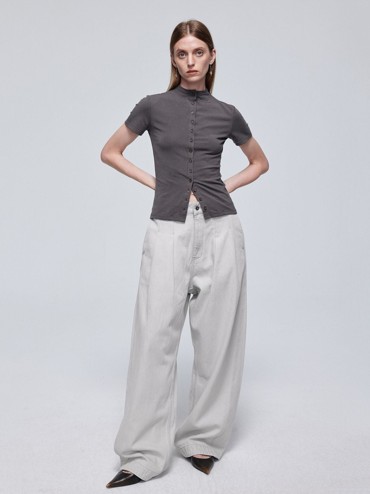 Simple Project Tencel Wool Button Front Tee in Charcoal - On Model