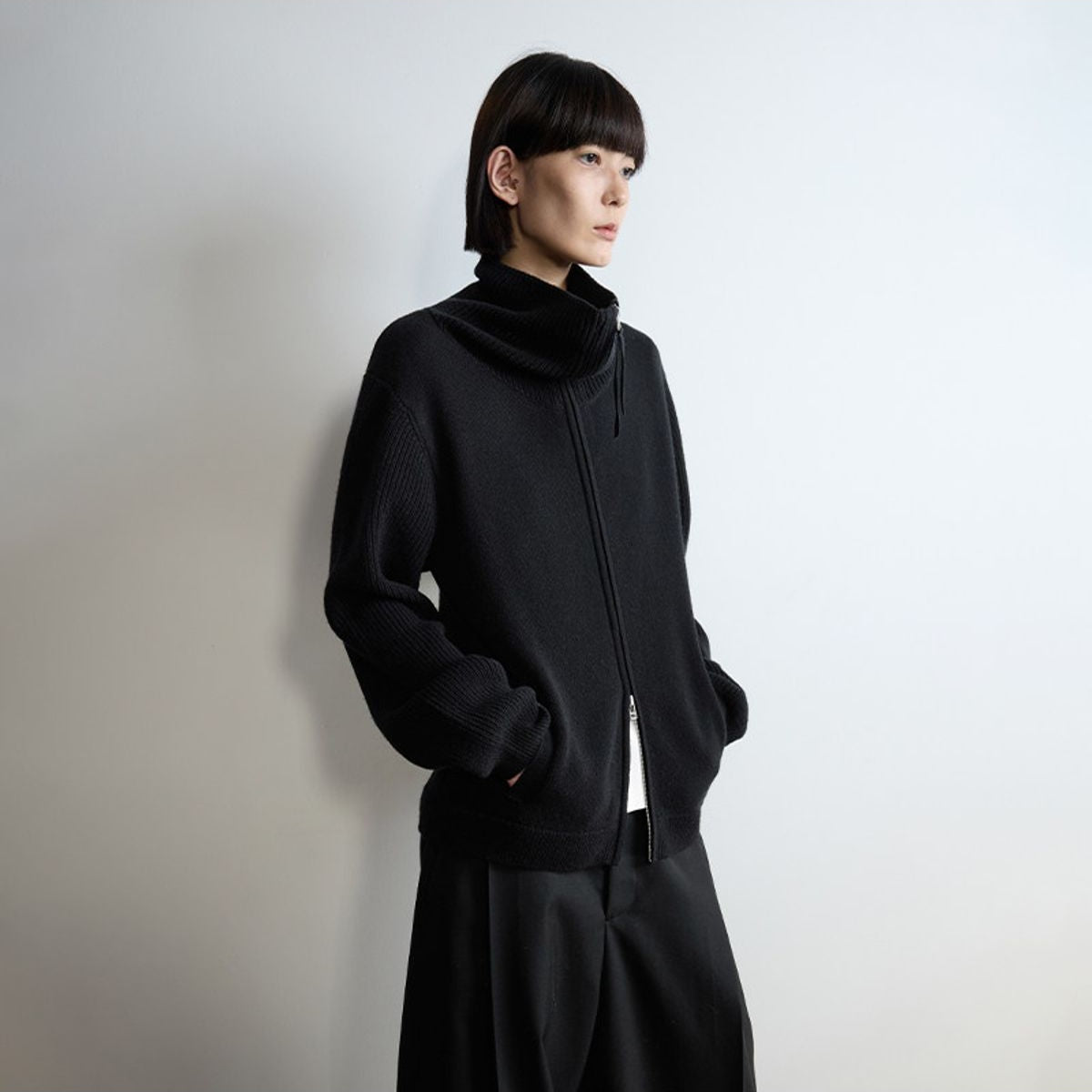 RandomPiece Merino Wool Draped Zip Cardigan in Black - On Model
