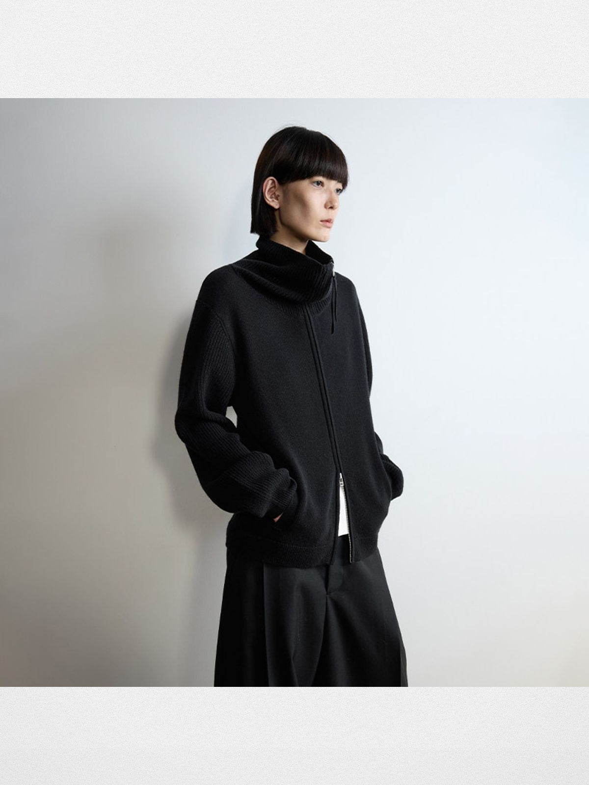 RandomPiece Merino Wool Draped Zip Cardigan in Black - On Model
