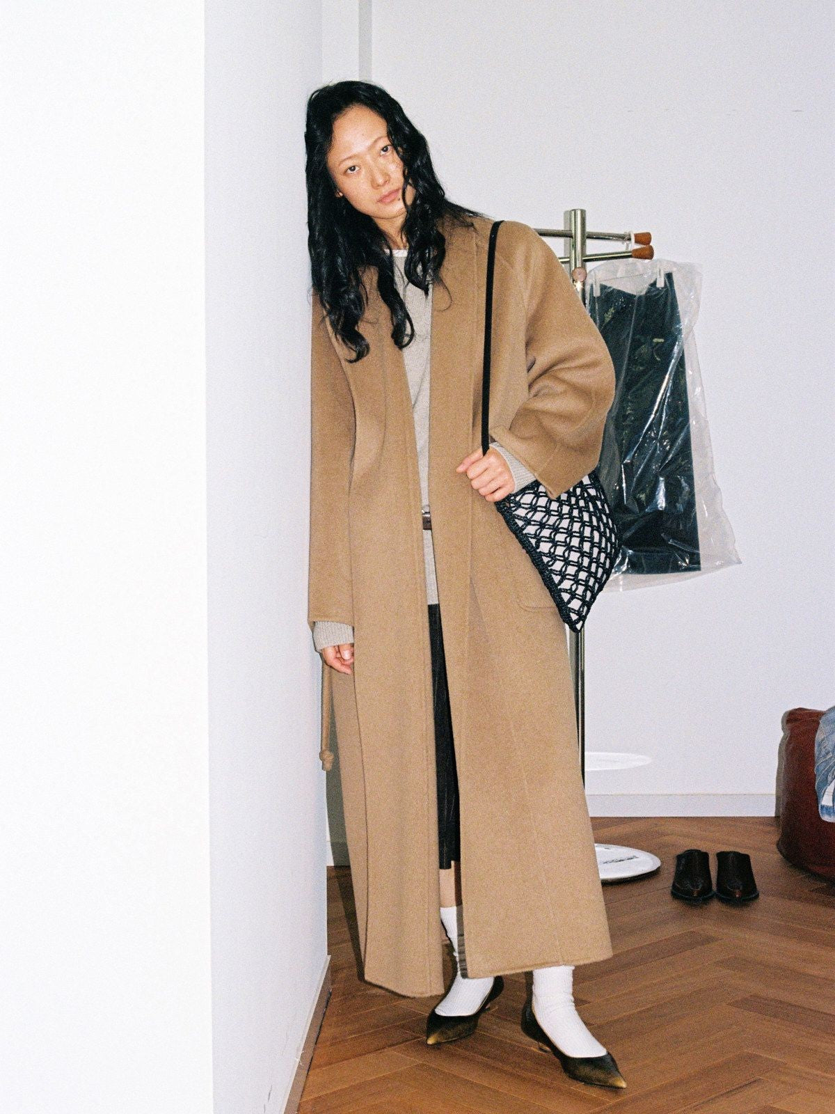 RandomPiece Merino Wool Camel Hair Robe Coat in Brown - On Model