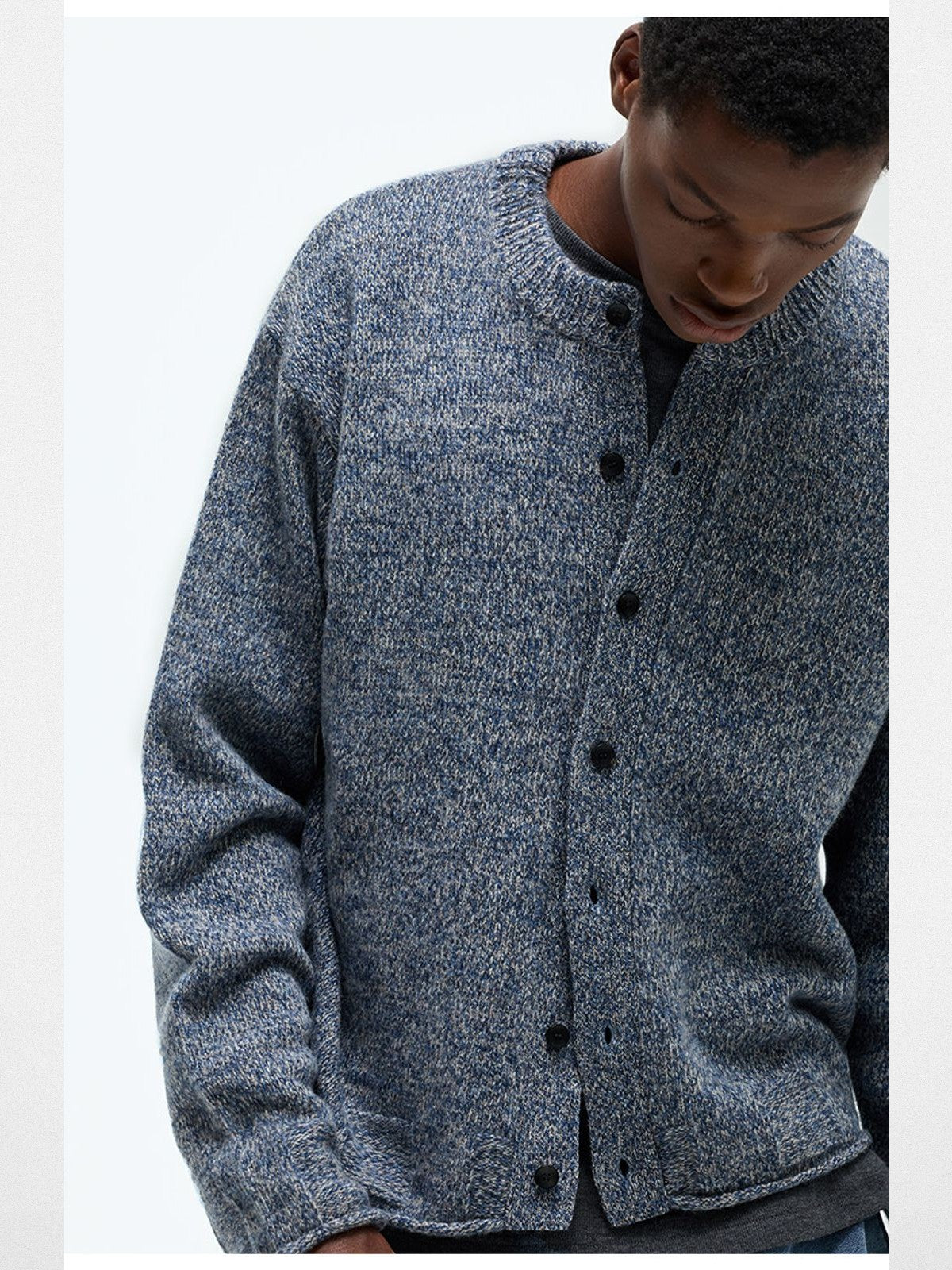 NANS Melange Merino Wool Cardigan in Denim - On Model