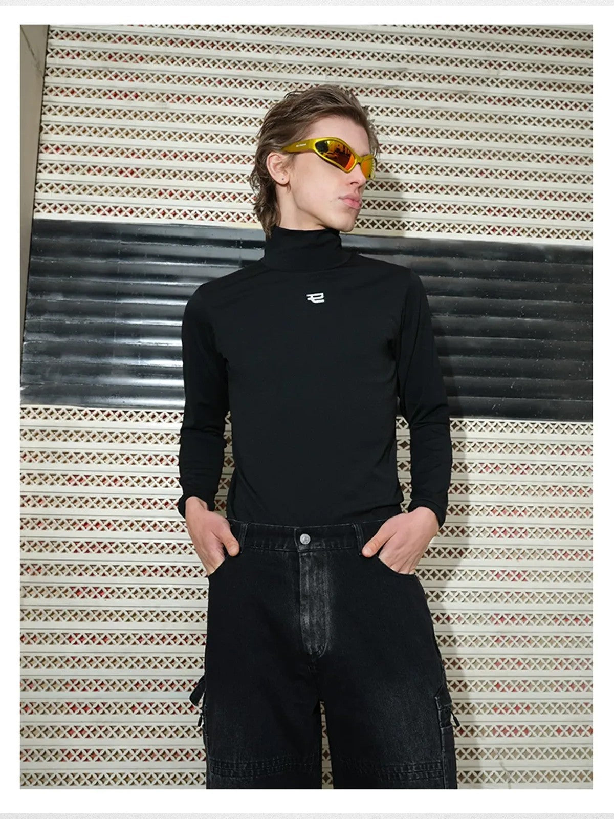 TRIANGLE PROJECT Logo High Neck Long Sleeve Top in Black - On Model