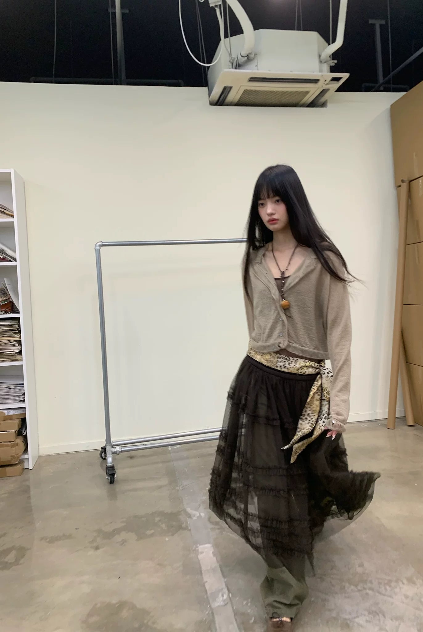 NeverSeez Tiered Ruffle Mesh Maxi Dress in Brown