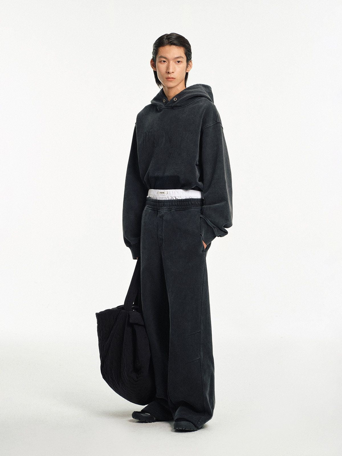 NANS Heavyweight Faded Graphic Hoodie in Gray - On Model