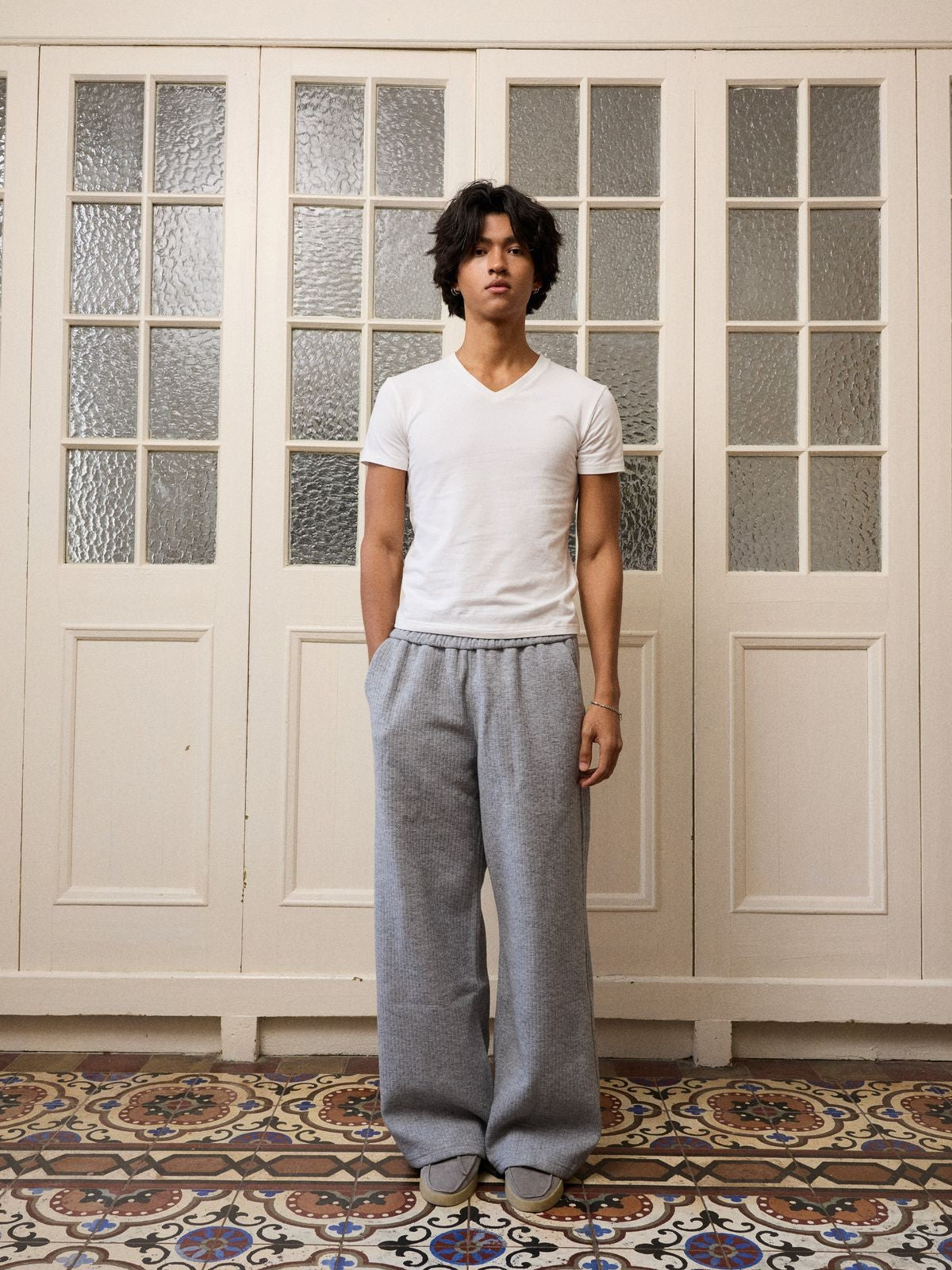 Retro 21 Anti Wrinkle V Neck T Shirt in White - On Model