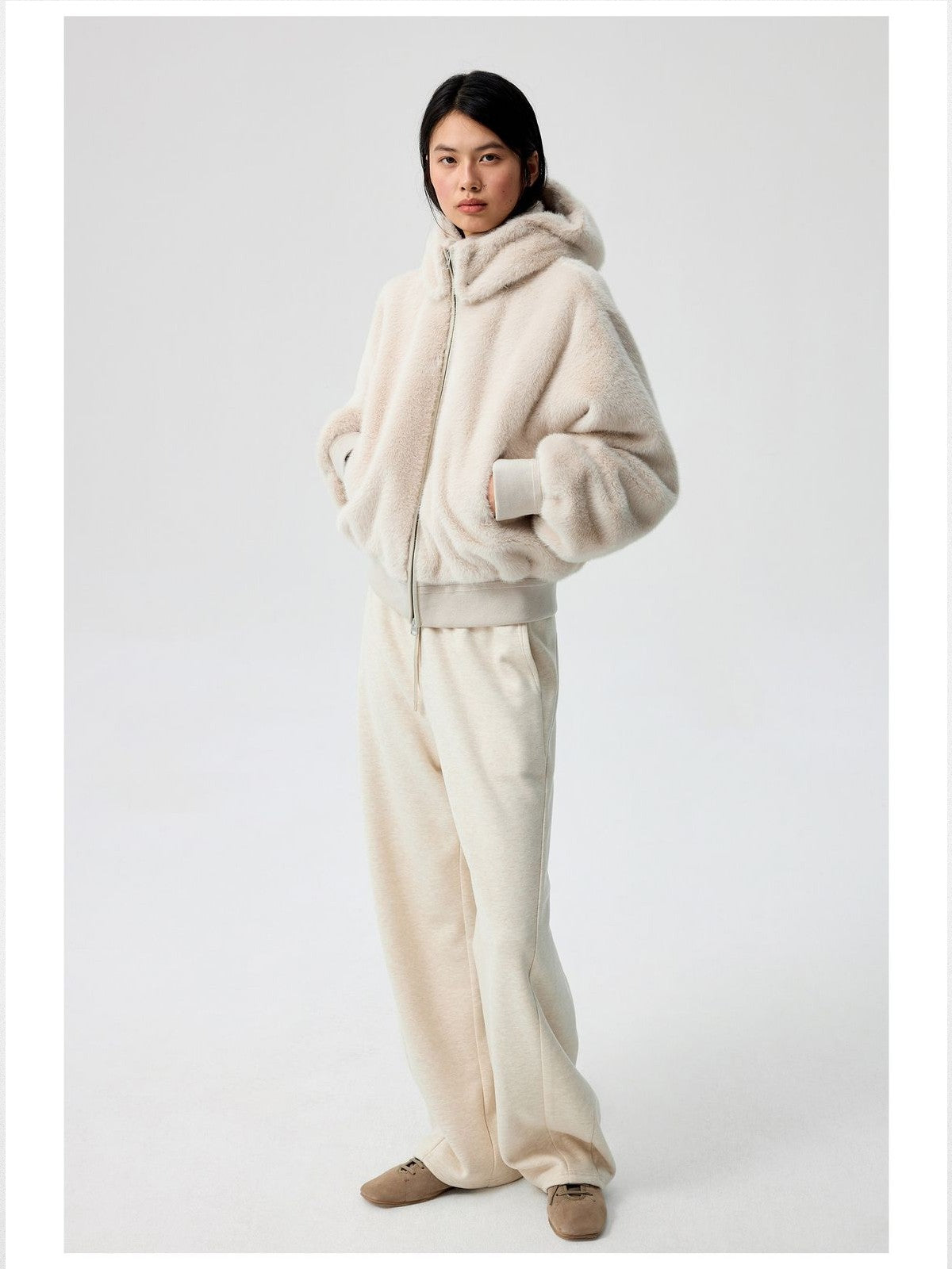 Simple Project Detachable Hood Faux Fur Jacket in Cream - On Model