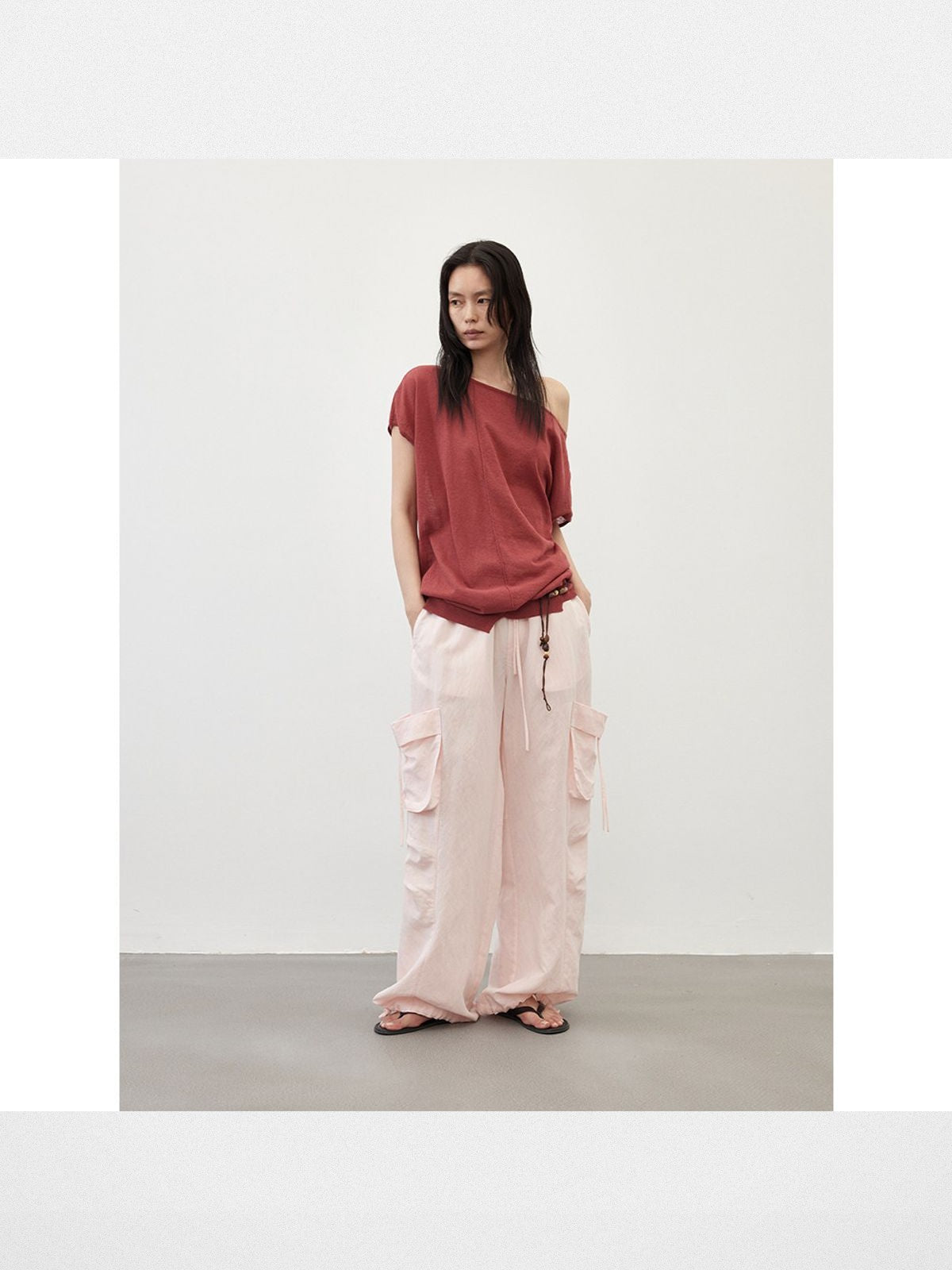 RandomPiece Asymmetric Linen Blend Knit Top in Pink - On Model