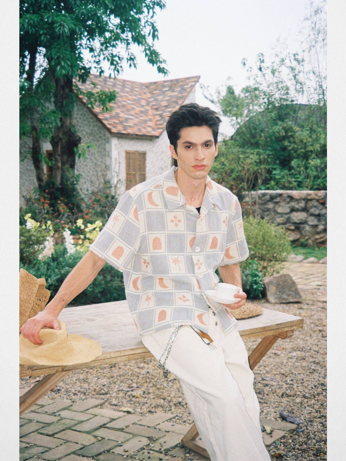 Retro 21 Knitted Plaid Camp Collar Shirt in Blue - On Model