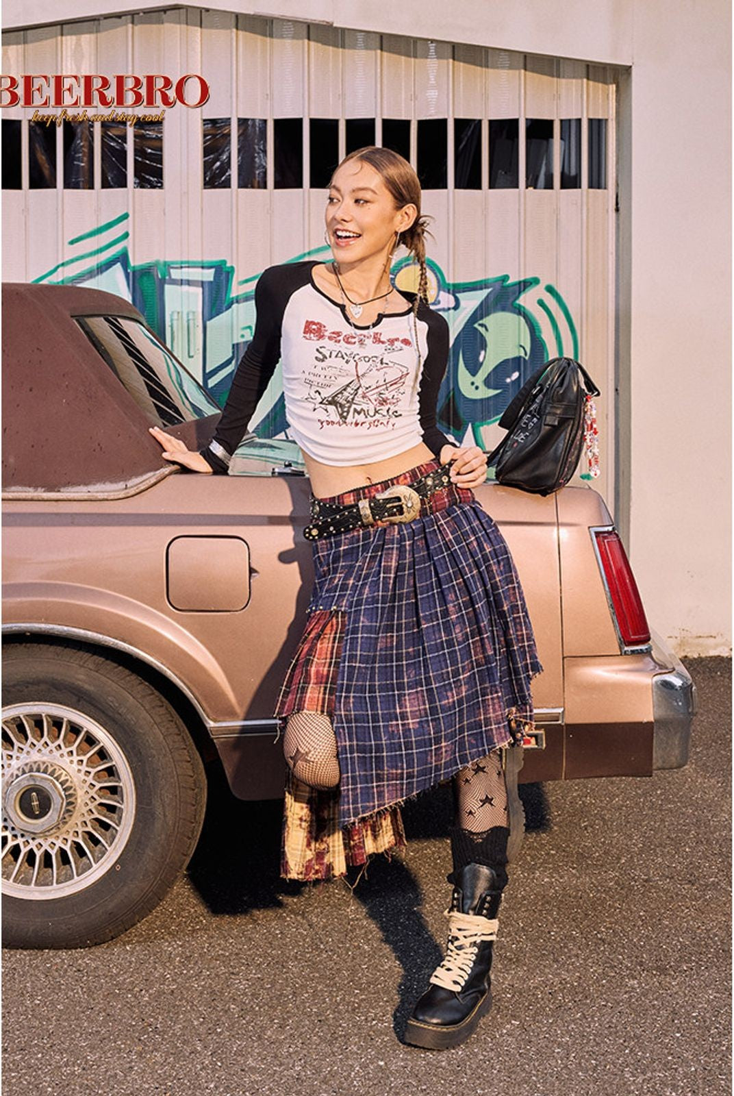 BeerBro Rock Graphic Raglan Tee in White - On Model