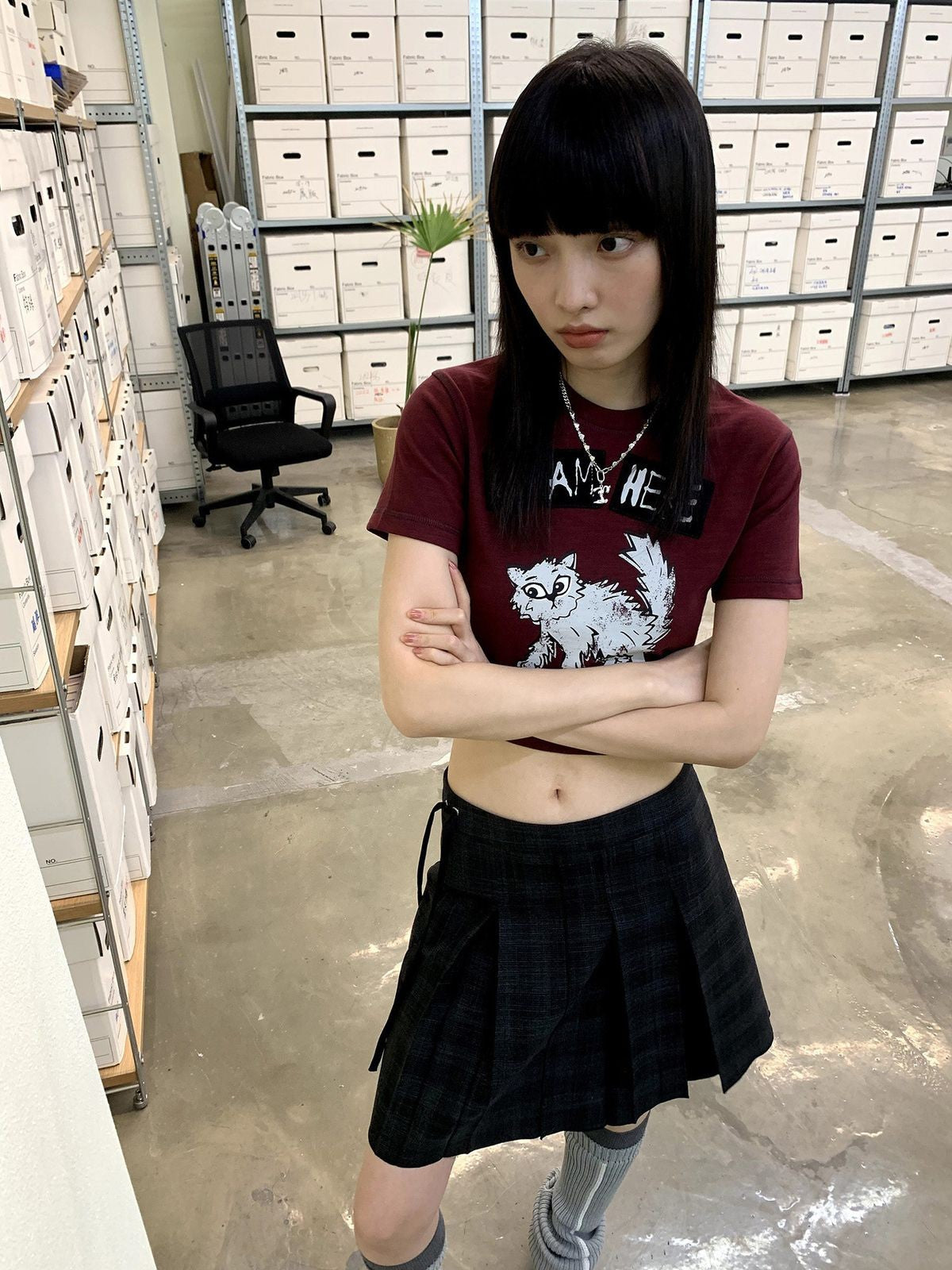 NeverSeez Kitten Graphic Baby Tee in Brown - On Model