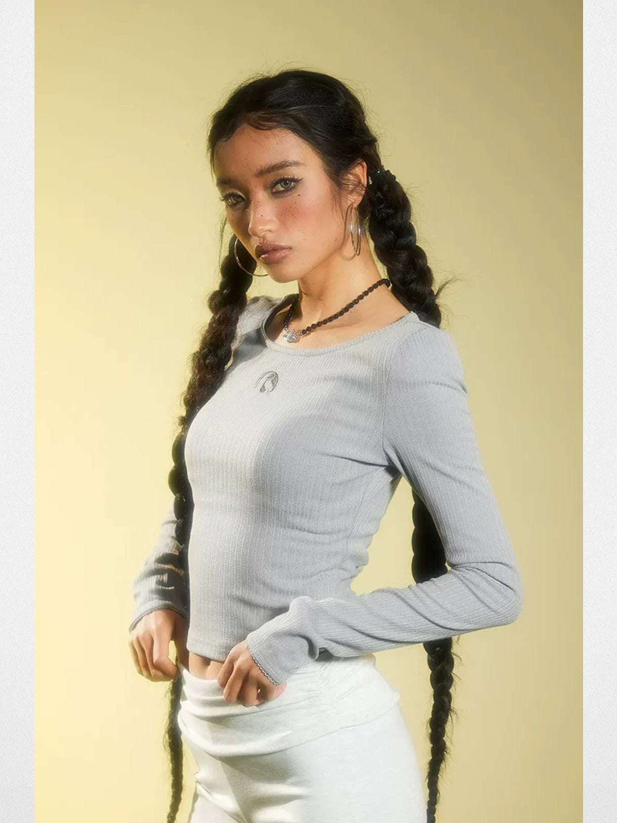 BeerBro Ribbed Embroidered Long Sleeve Top in Gray - On Model