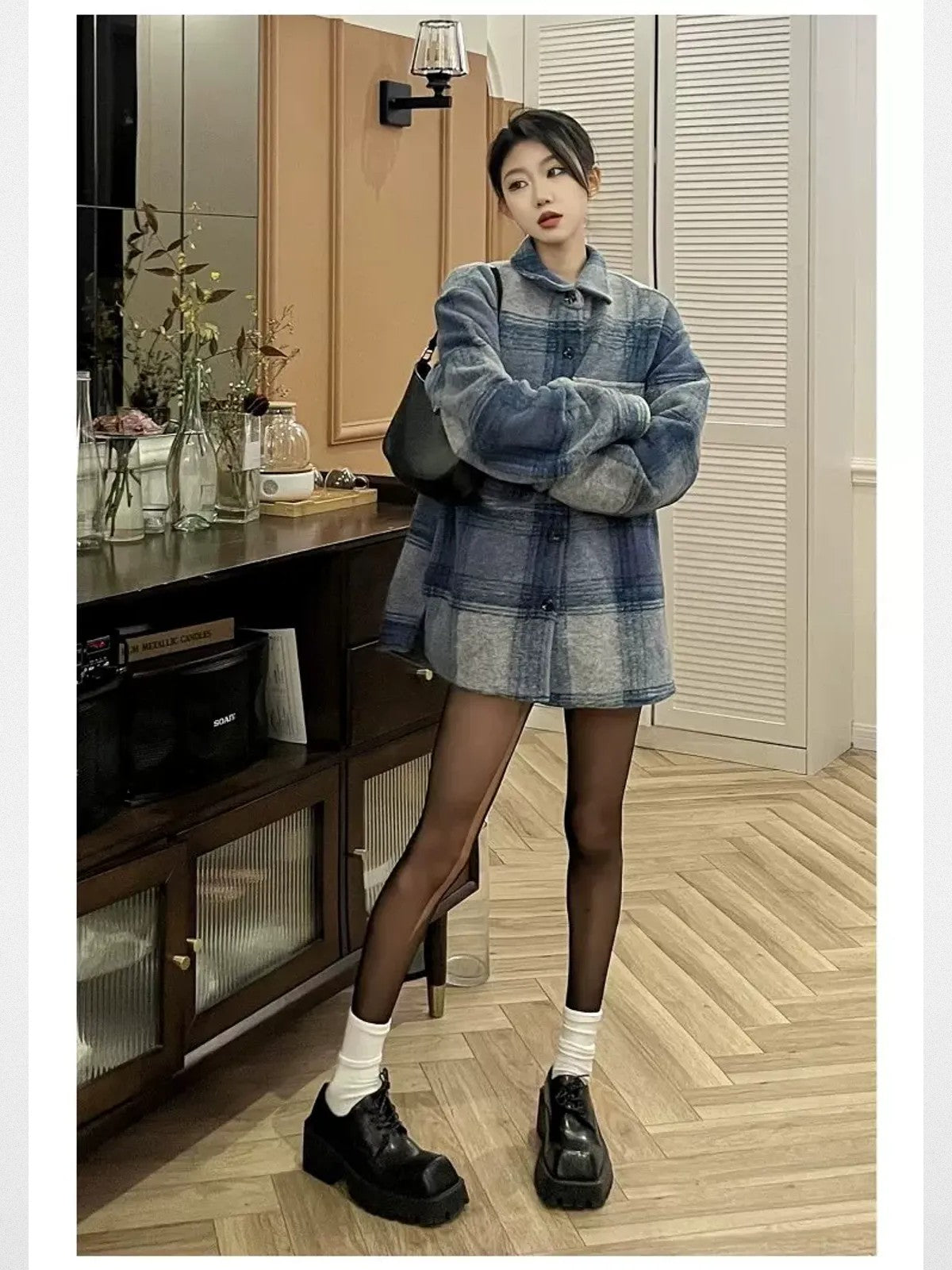 LOSTCTRL Brushed Plaid Shirt Jacket in Blue - On Model