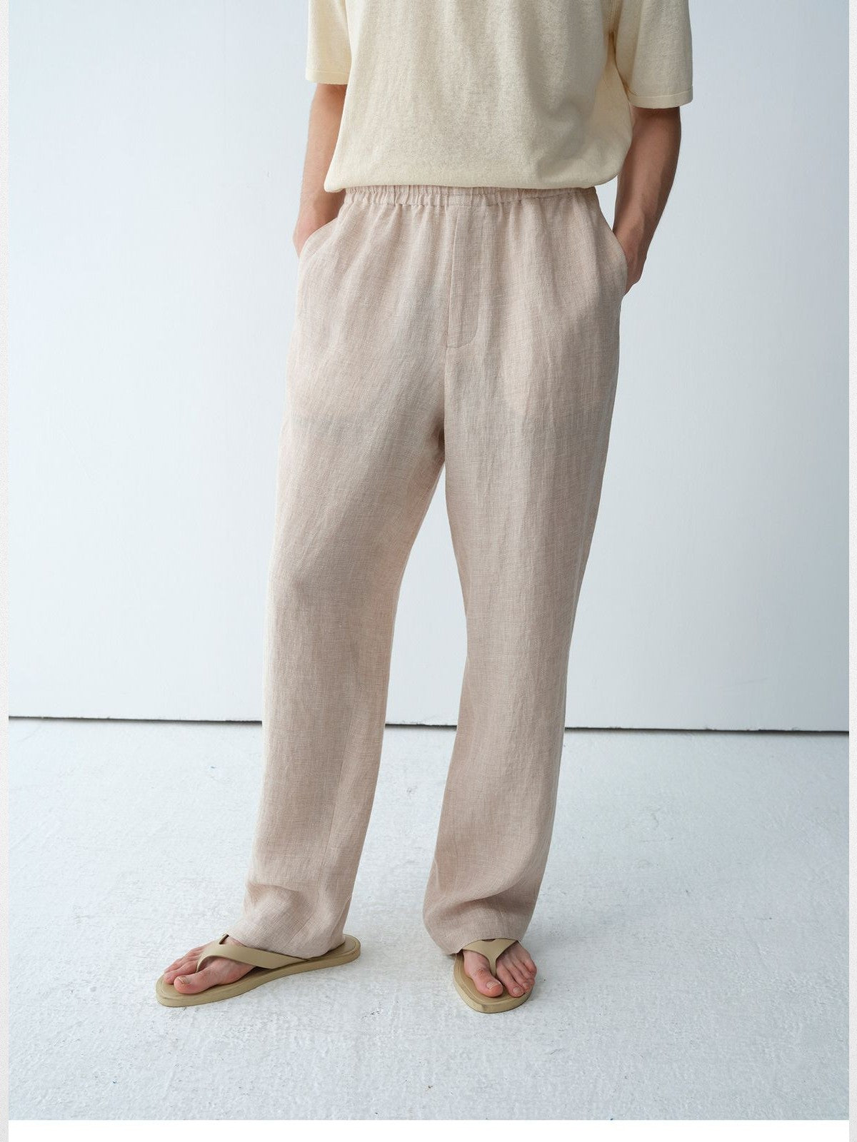 ROYA Elastic Waist Wide Leg Linen Trousers in Beige - On Model
