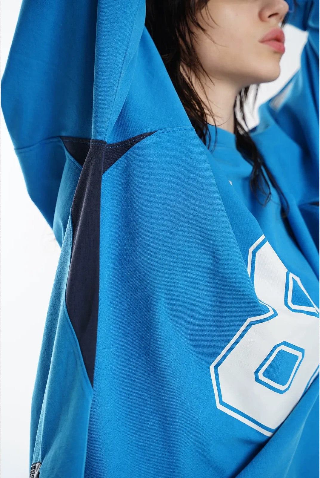 MASONPRINCE Combed Cotton No 8 Jersey Tee in Blue - On Model