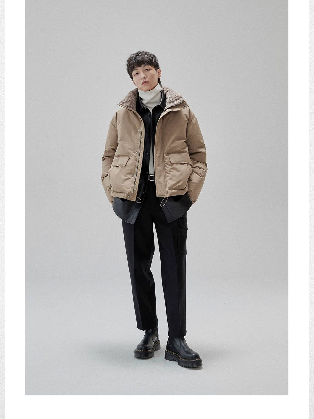 NANS Sherpa Collar Multi Pocket Down Puffer in Beige - On Male Model