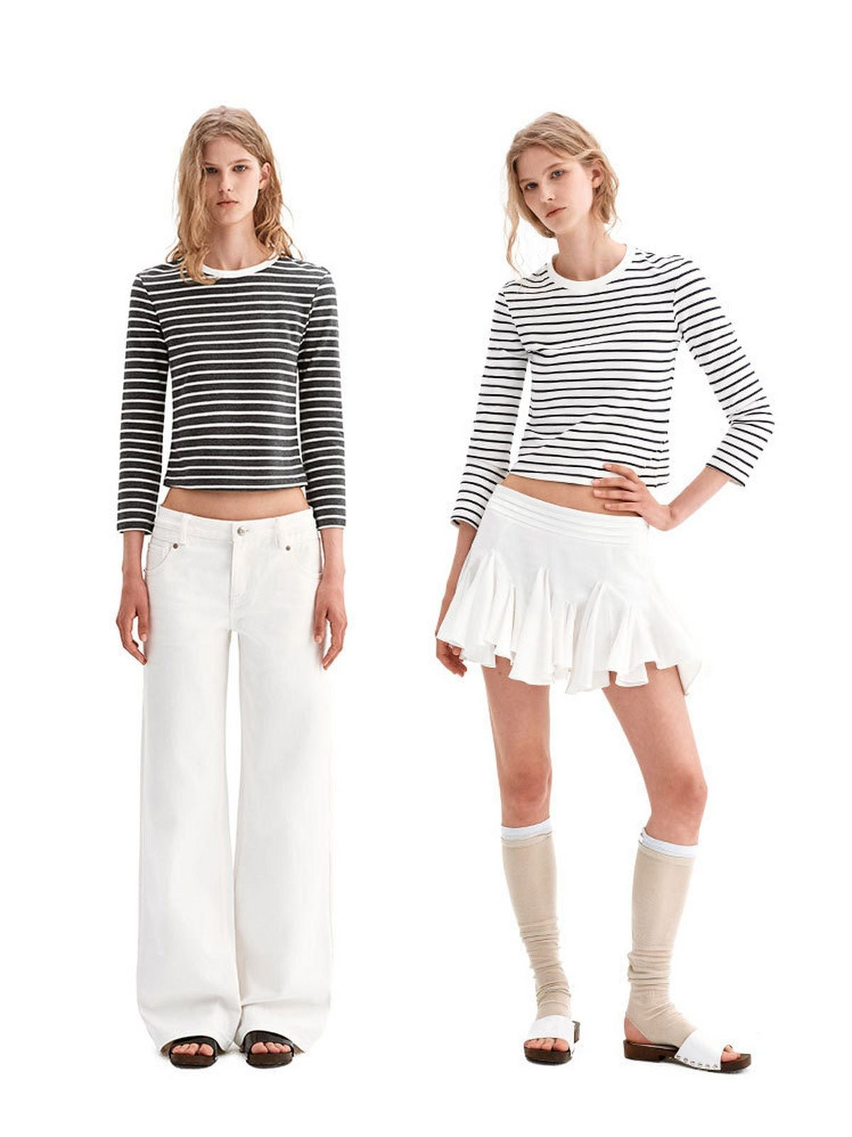 PUKI Striped Half Sleeve Cropped T Shirt in Gray - On Model