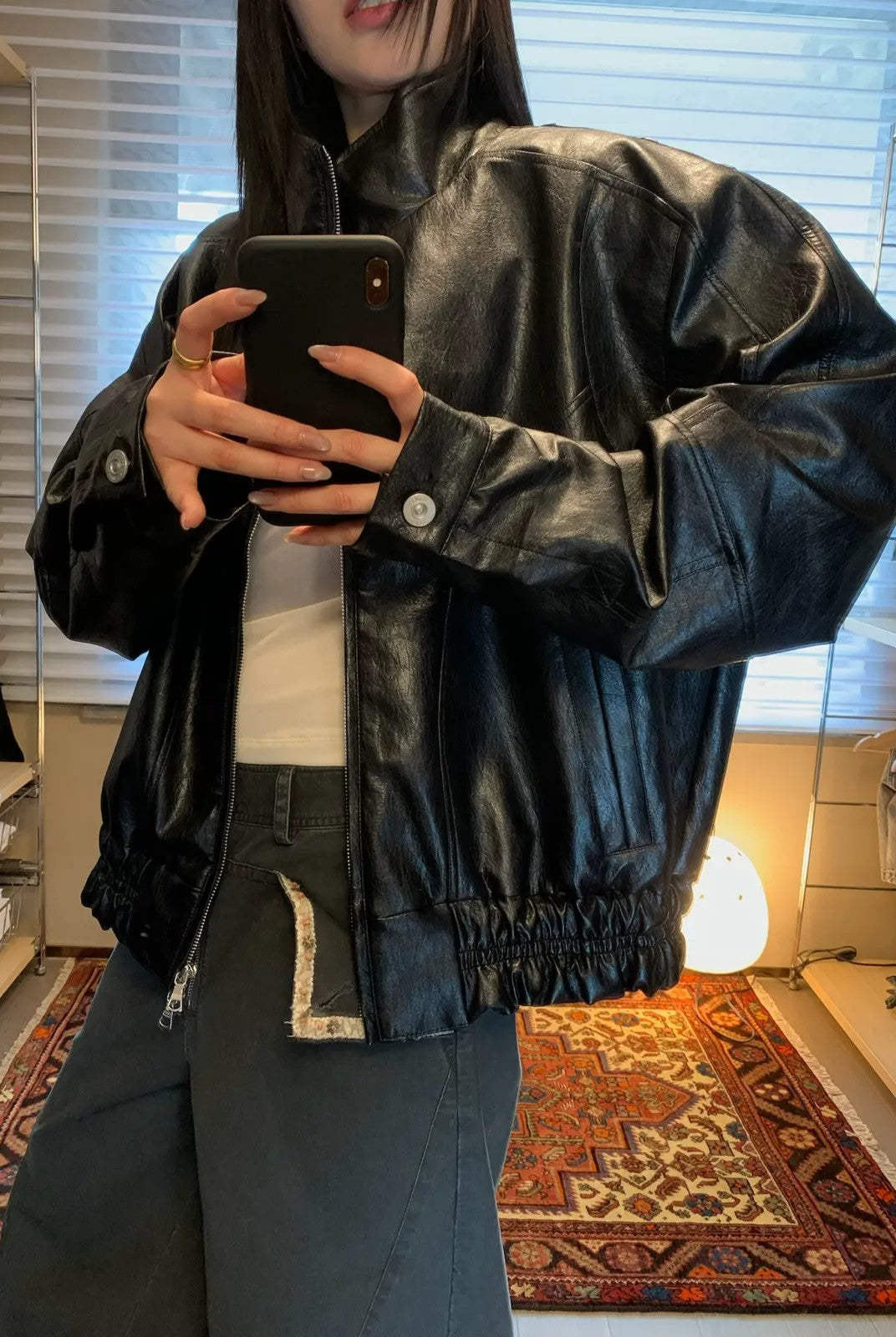 NeverSeez Stand Collar Faux Leather Jacket in Black - On Model