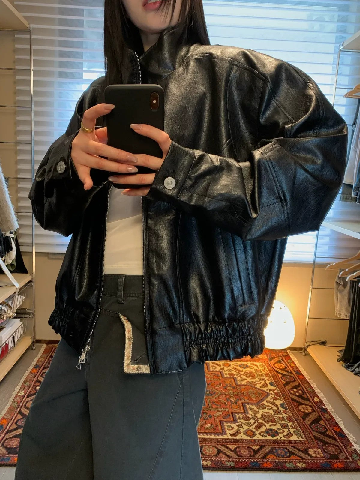 NeverSeez Stand Collar Faux Leather Jacket in Black - On Female Model