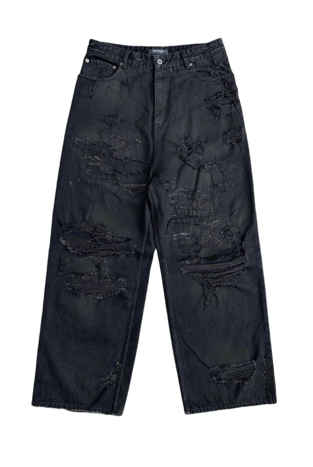 UNKNOWNWORLD Distressed Boro Mud Dyed Jeans in Black