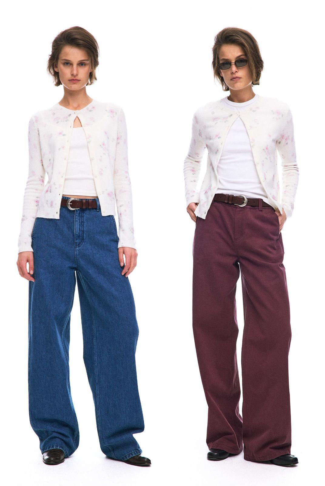 Alright then Watercolor Floral Wool Cardigan in White - On Model