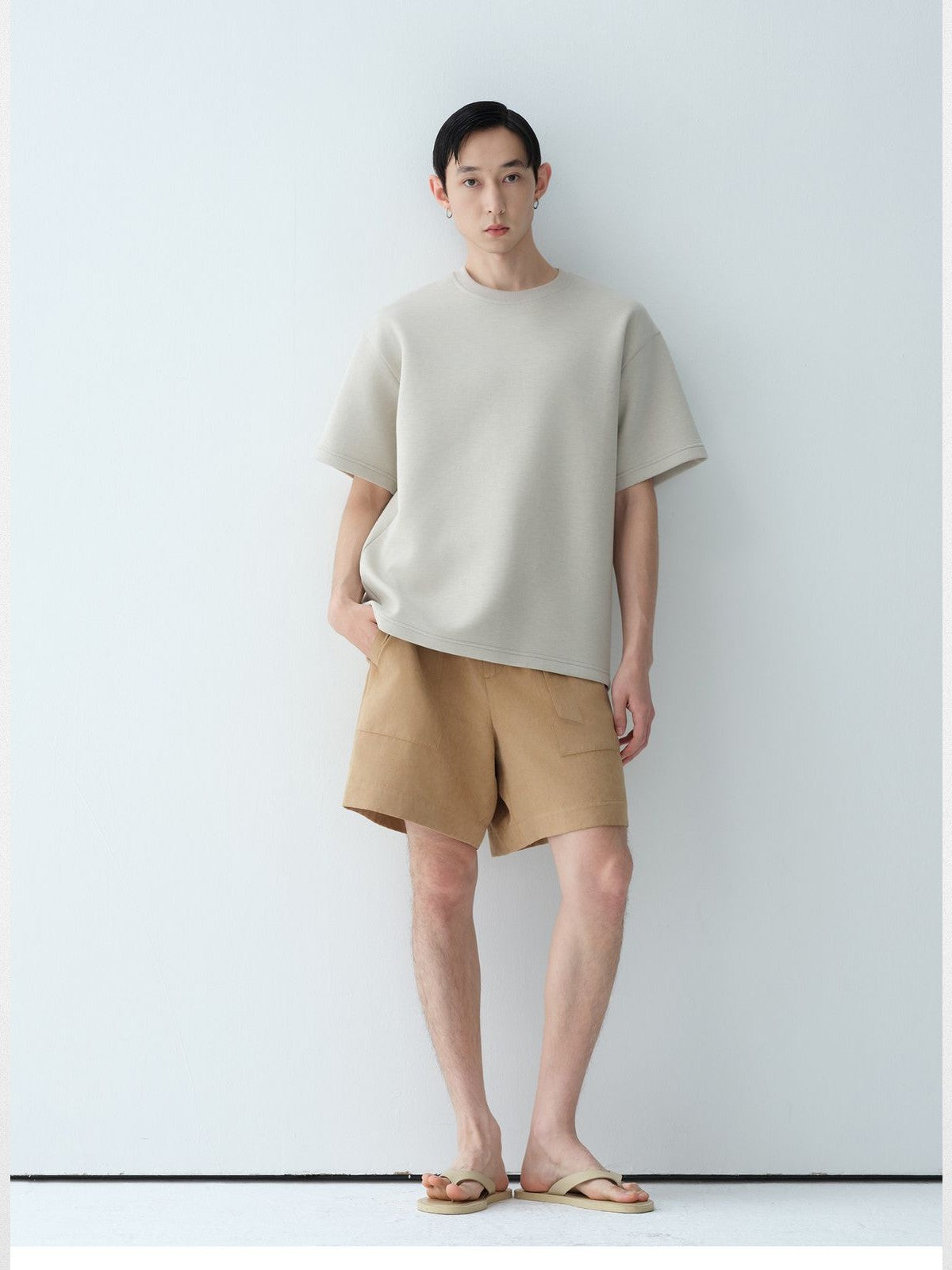 ROYA Modal Wool Blend Air Layer Tee in Beige - On Model