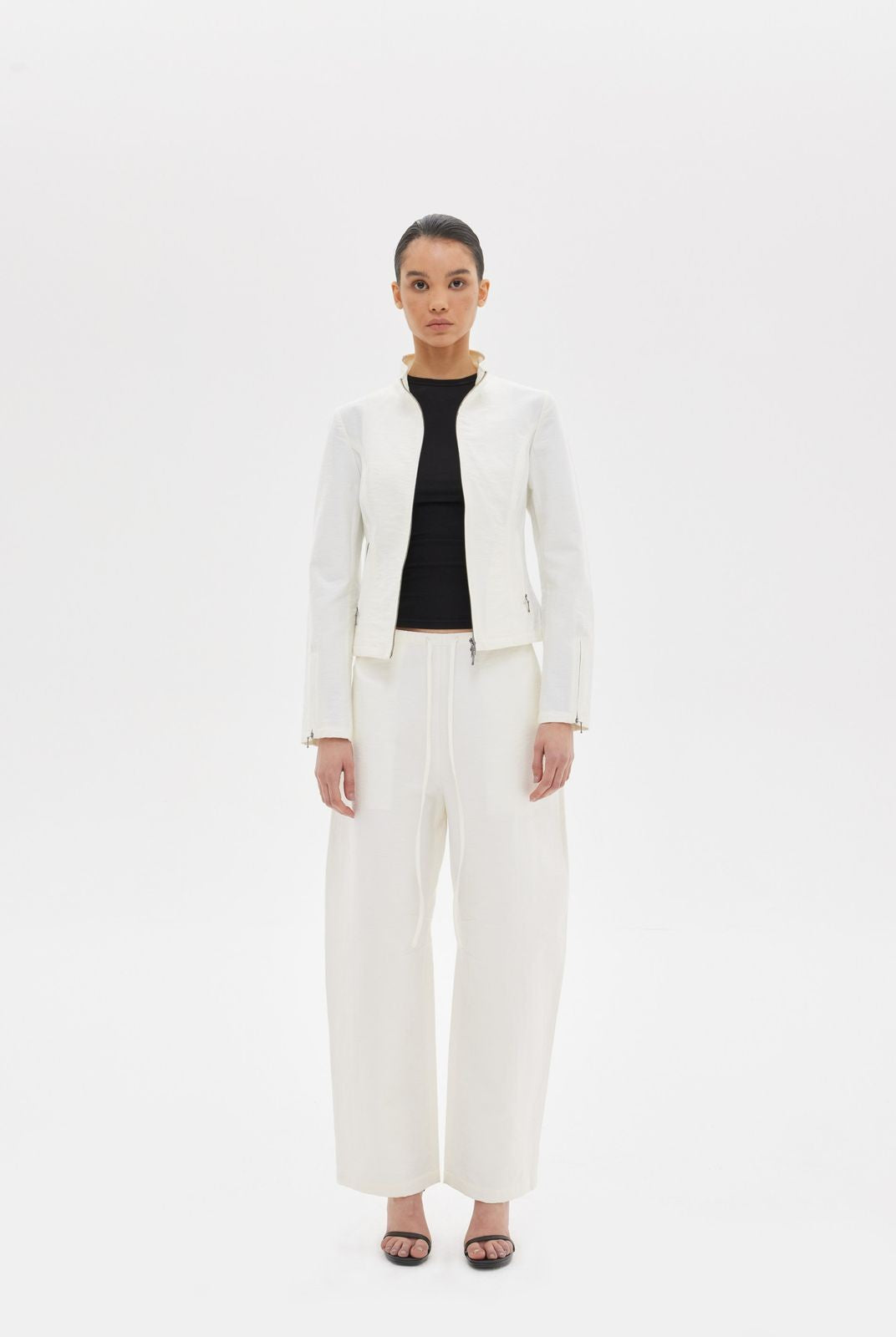 Alright then Textured Cotton Biker Jacket in White - On Model