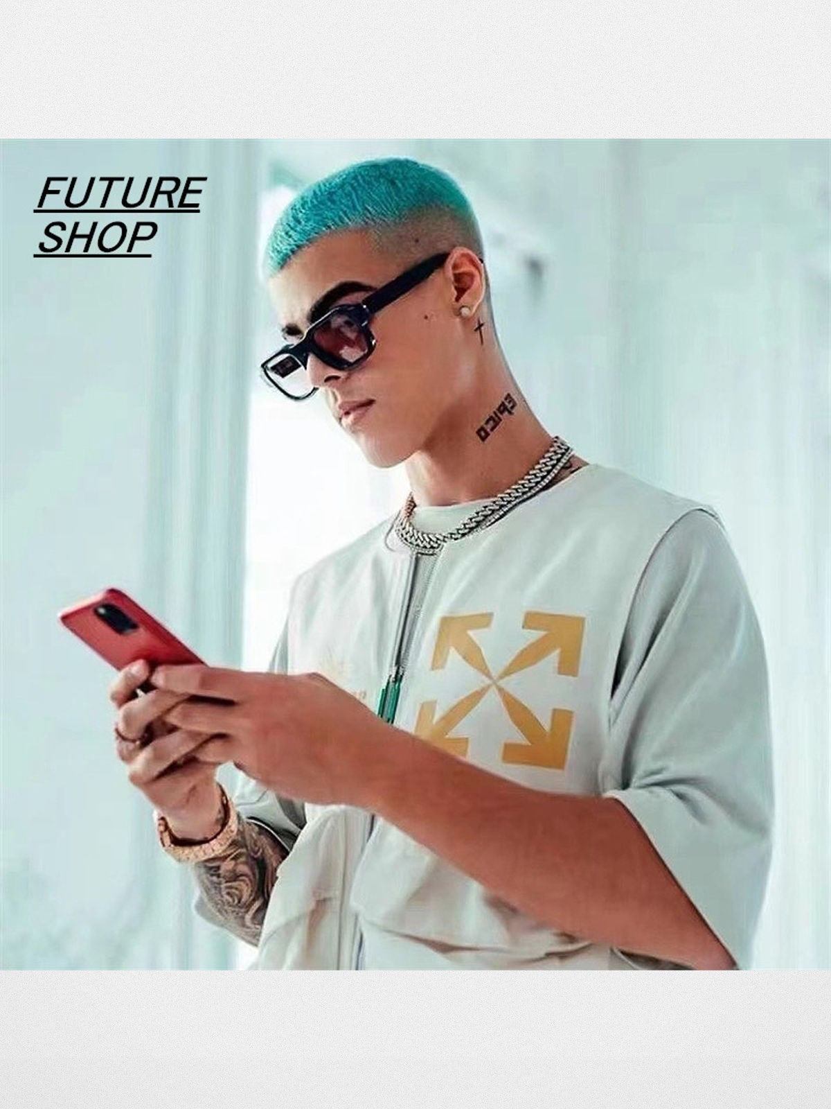 FUTURE UPDATE Rectangular Acetate Sunglasses in Black - On Male Model