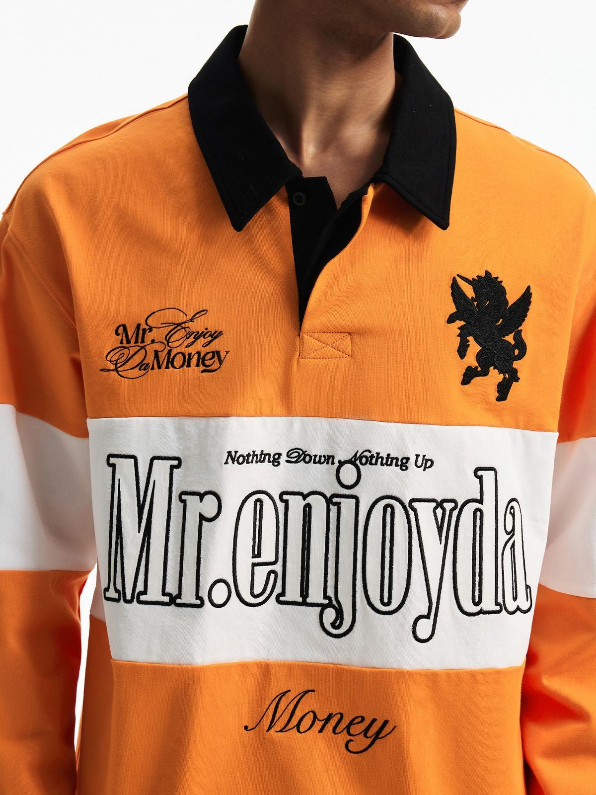 MEDM Embroidered Pegasus Rugby Polo in Orange - On Model