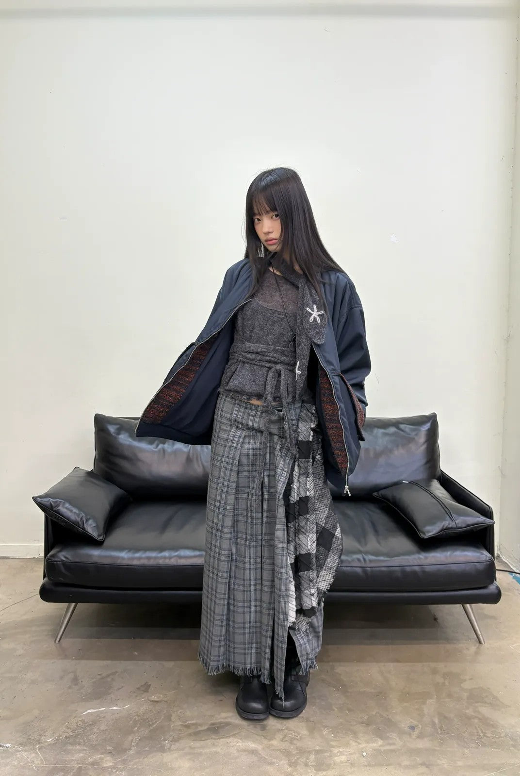 NeverSeez Plaid Pleated Skirt with Detachable Waist in Gray - On Model