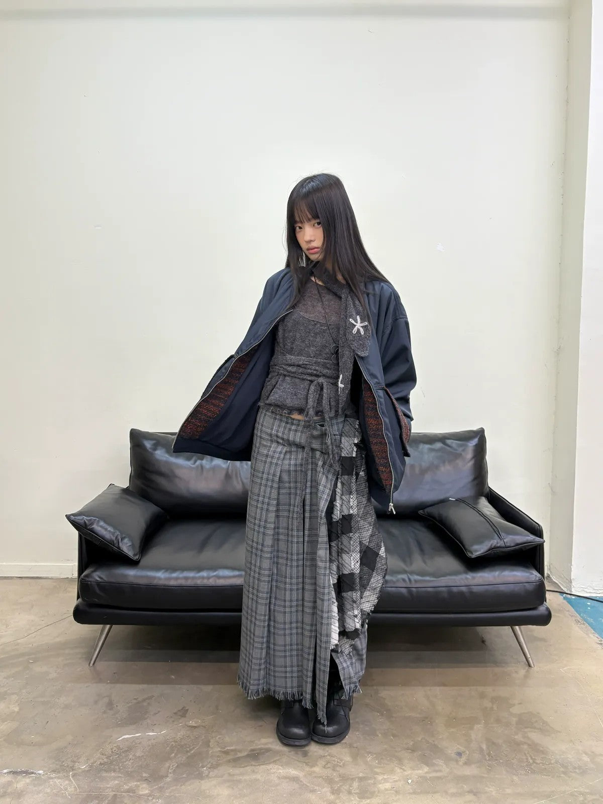 NeverSeez Plaid Pleated Skirt with Detachable Waist in Gray - On Model