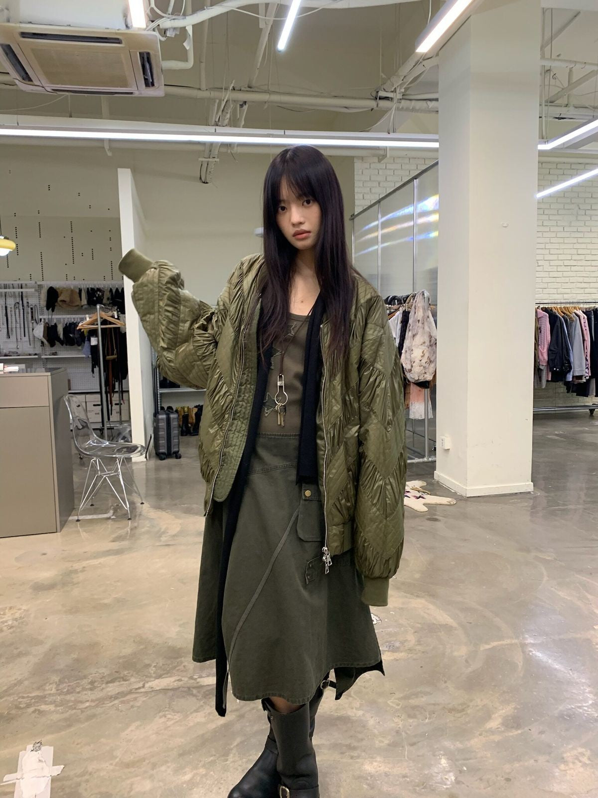 NeverSeez Handmade Pleated Bomber Jacket in Olive - On Female Model