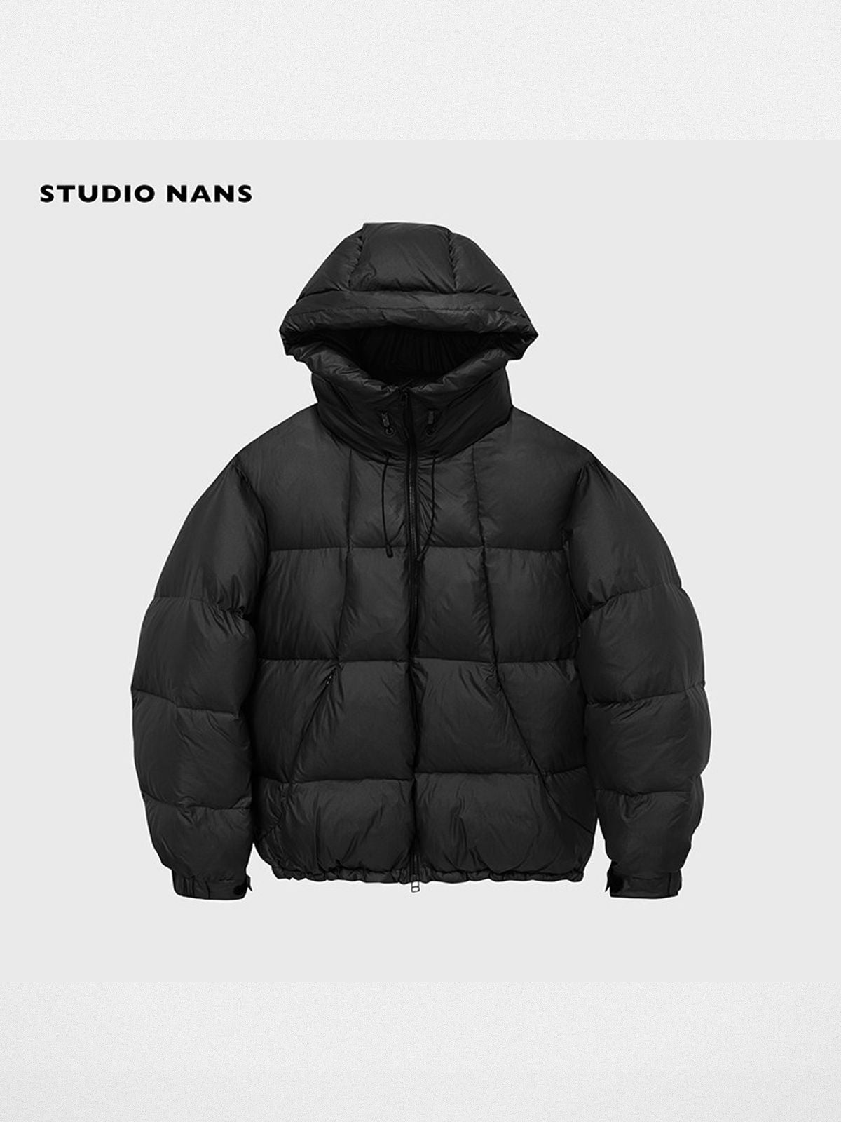 NANS Micro Check Hooded Down Puffer in Black