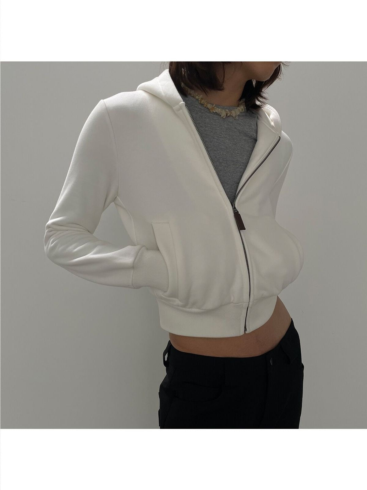 FaxCopyExpress Cropped Fleece Lined Zip Hoodie in White - On Model