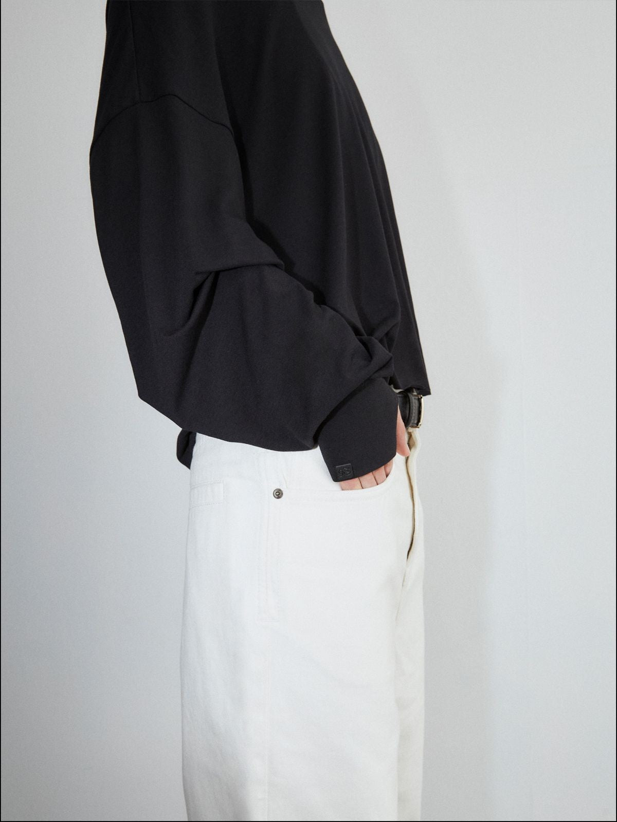 Fax Copy Express Off Shoulder Overlay Sweatshirt in Black - On Male Model