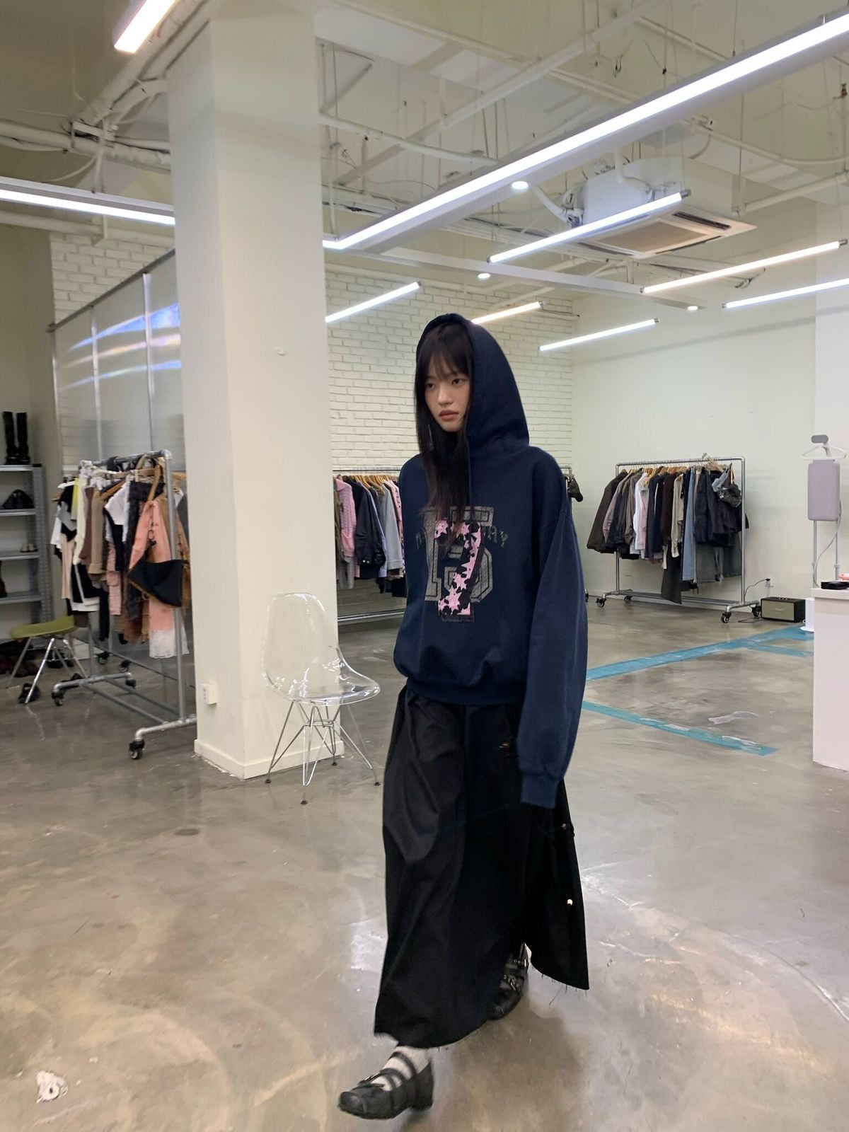 NeverSeez Layered Graphic Patch Hoodie in Navy - On Female Model