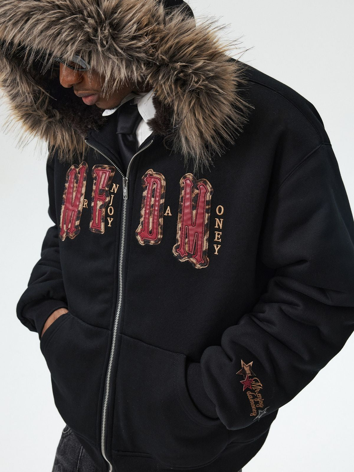 MEDM Horsehair Patch Fur Hood Jacket in Black - On Male Model