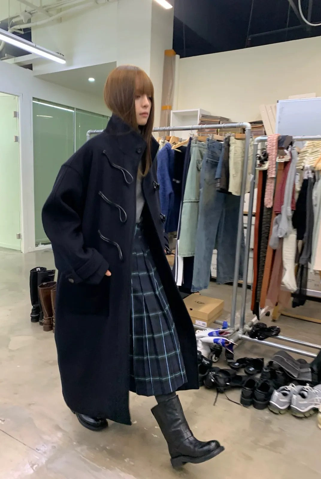 NeverSeez Wool Blend Stand Collar Toggle Coat in Navy - On Model