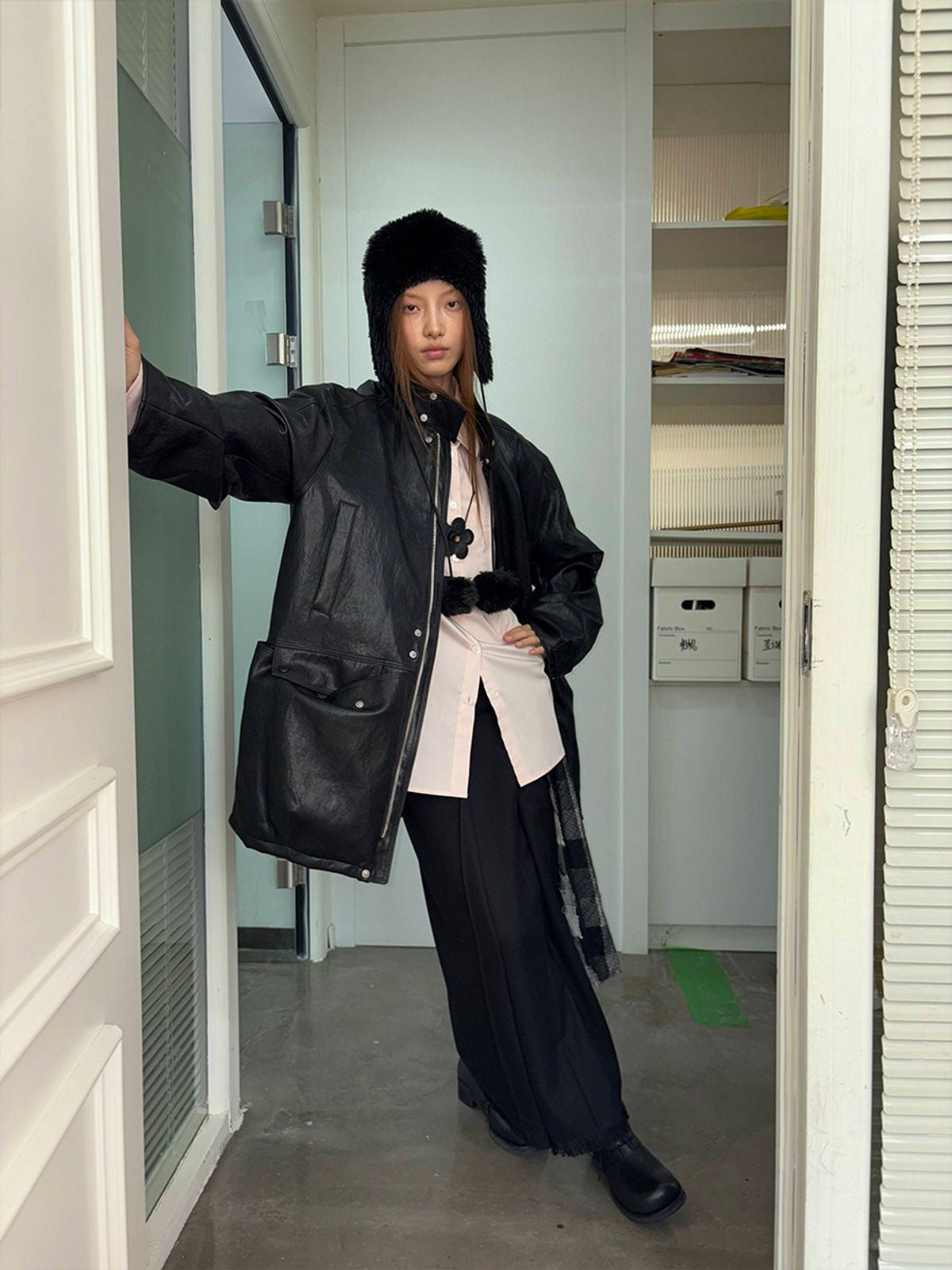 NeverSeez Mid Length Faux Leather Coat in Black - On Model