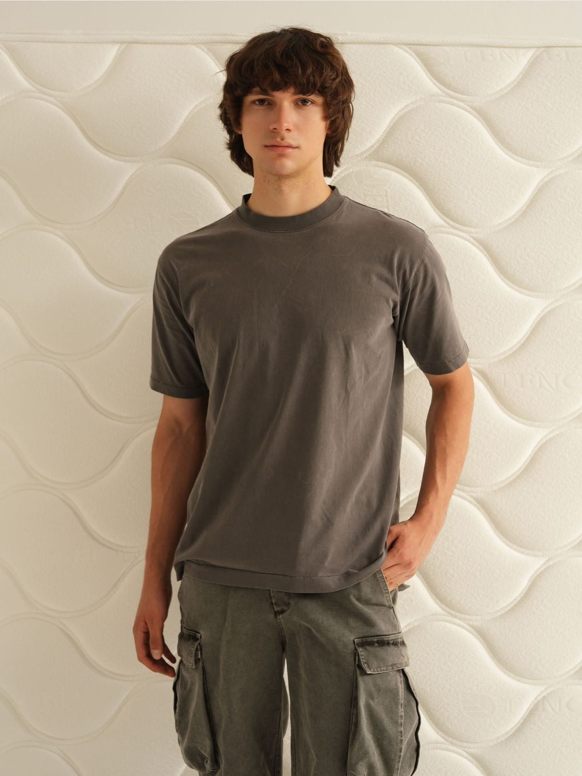 Retro21 Tubular Knit Brushed Cotton T Shirt in Gray - On Model