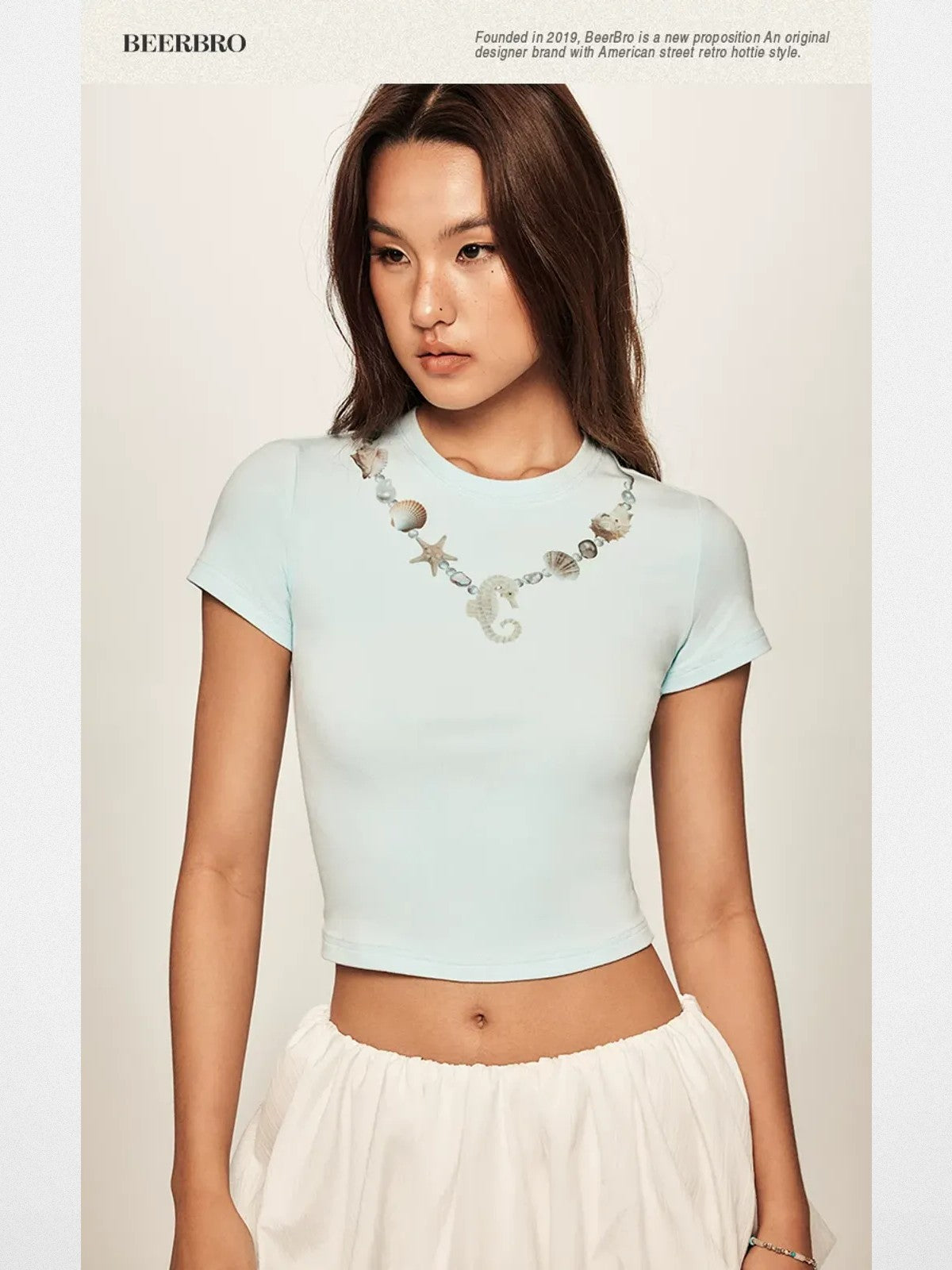 BeerBro Faux Seashell Necklace Tee in Sky Blue - On Model