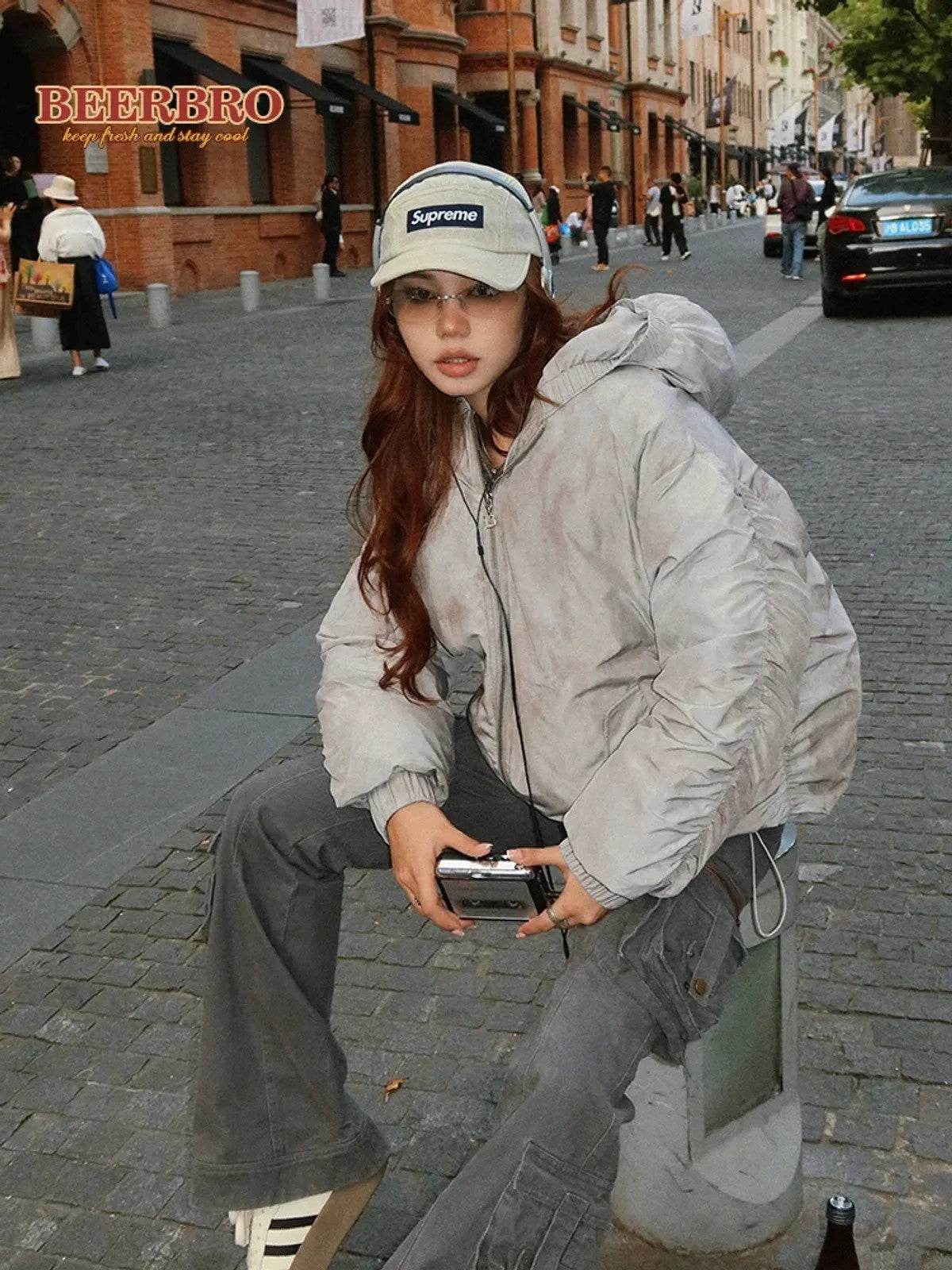 BeerBro Washed Cotton Ruched Puffer in Gray - Lifestyle