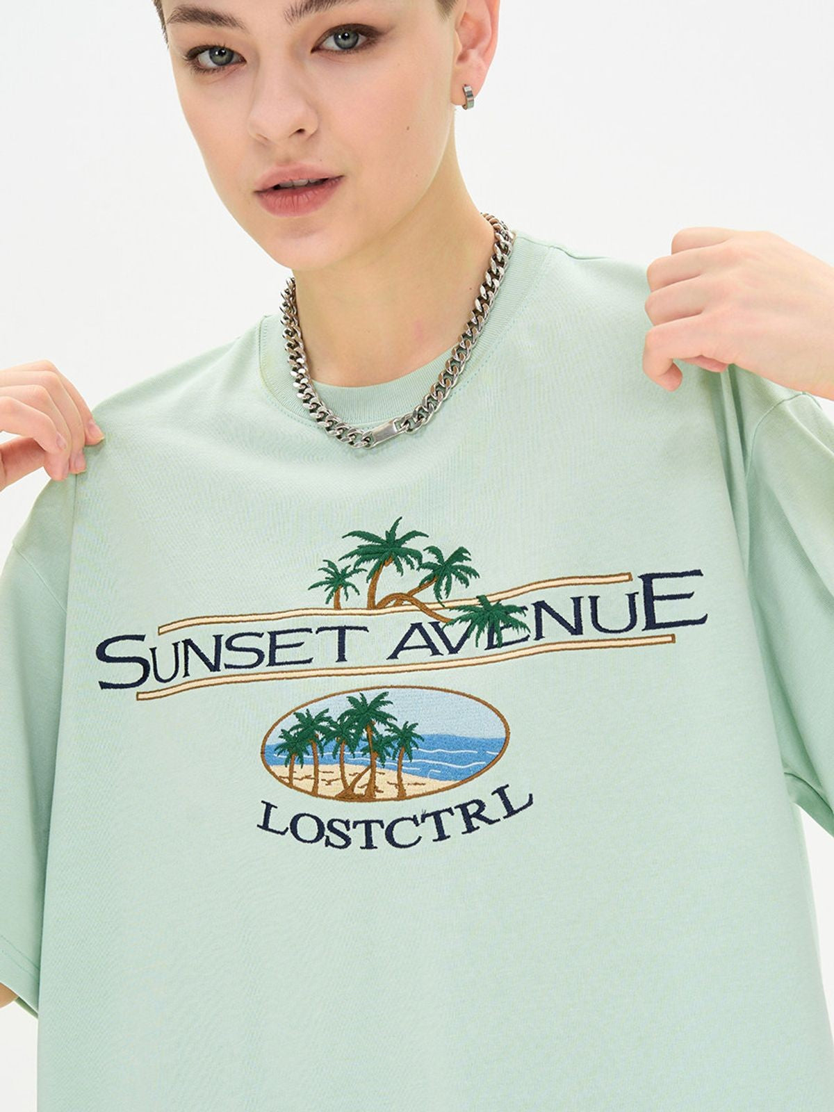 LOSTCTRL Palm Tree Embroidered Cotton Tee in Mint - On Model