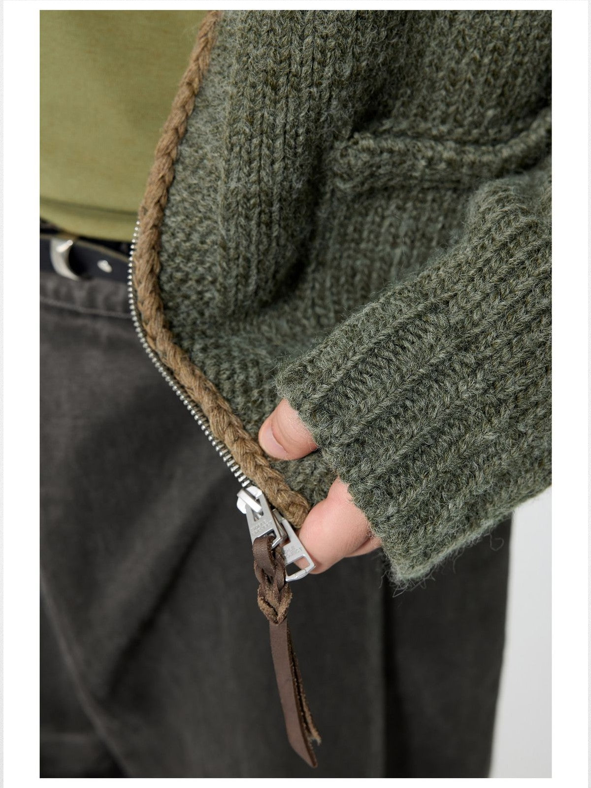 Simple Project Wool Blend Cowichan Zip Sweater in Green - Detail