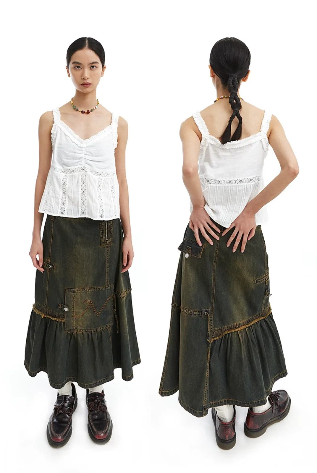 NeverSeez Asymmetric Vintage Wash Denim Skirt in Dark Wash - On Model