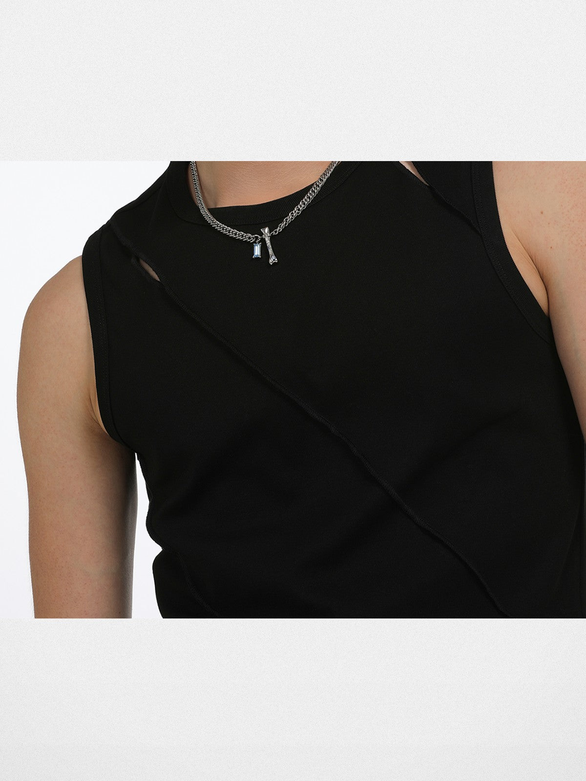 BLACKHEAD Blue Rhinestone Bone Necklace in Silver - On Male Model