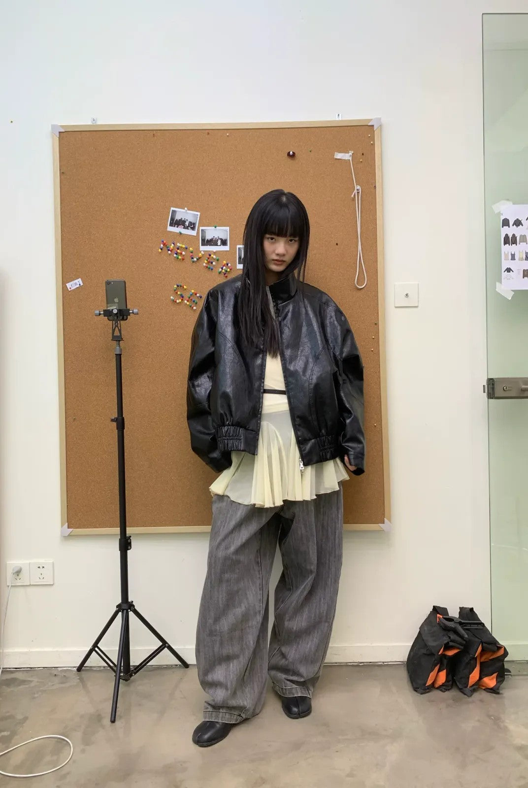 NeverSeez Stand Collar Faux Leather Jacket in Black - On Model