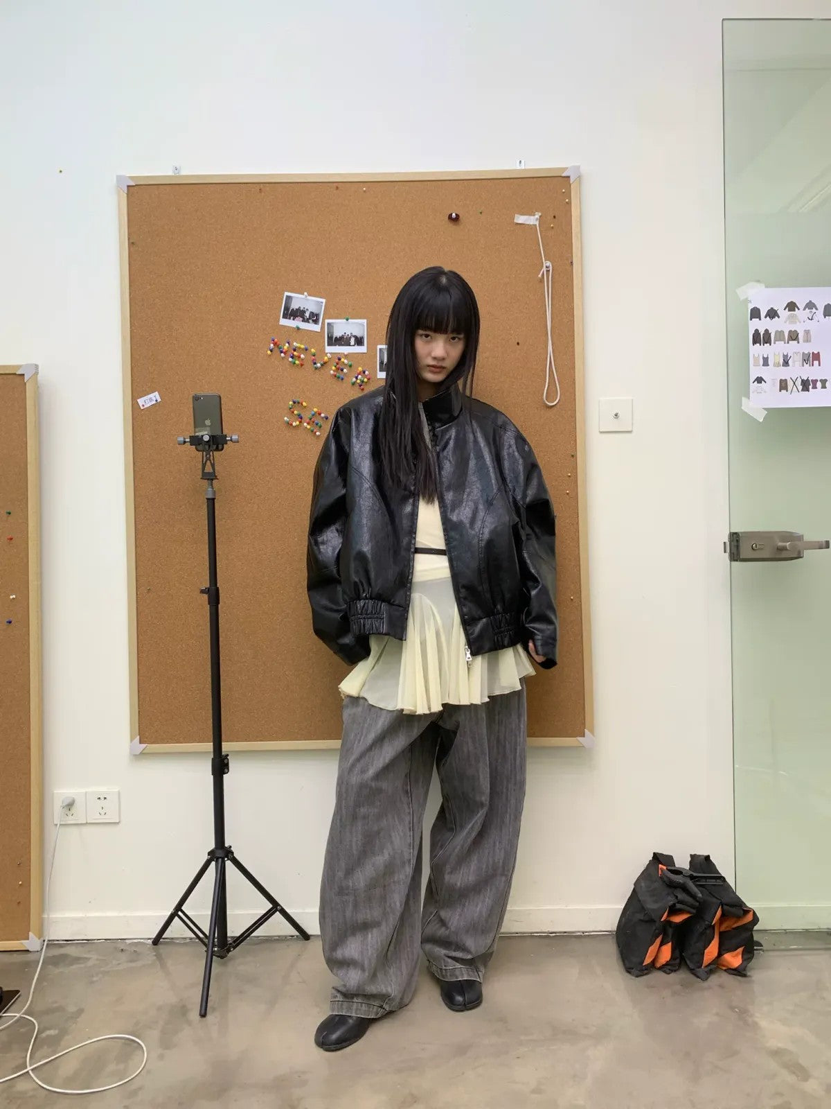 NeverSeez Stand Collar Faux Leather Jacket in Black - On Female Model