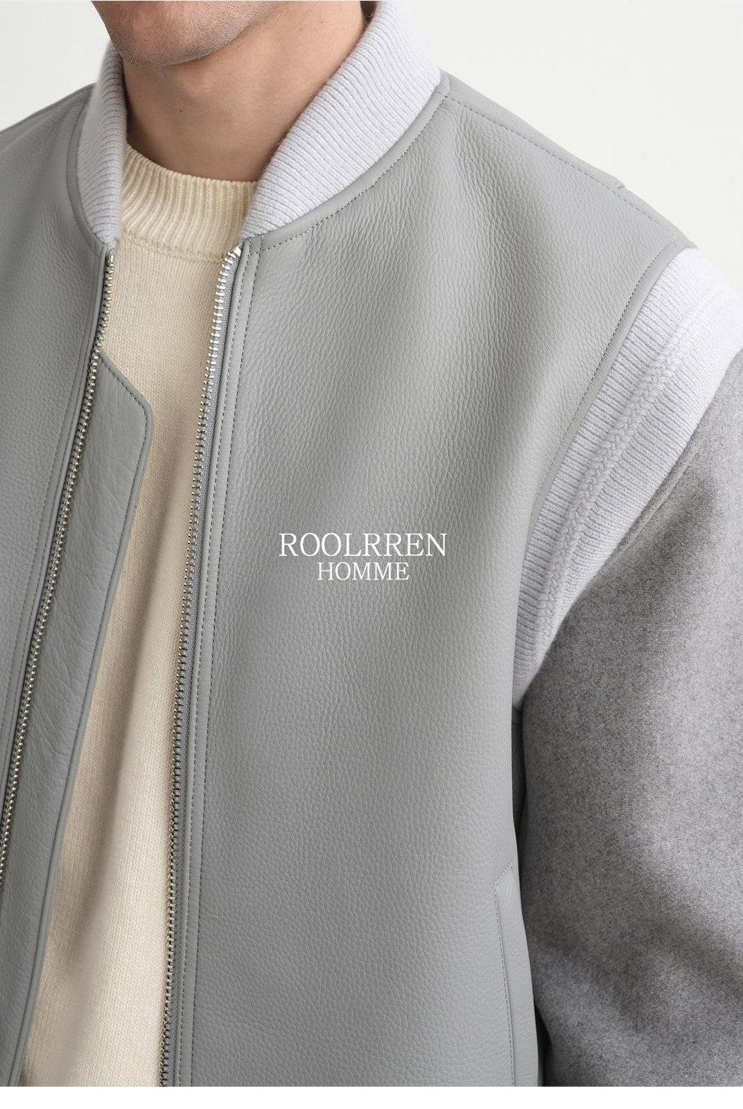 Roolrren homme Cowhide Lambswool Varsity Jacket in Gray - On Model