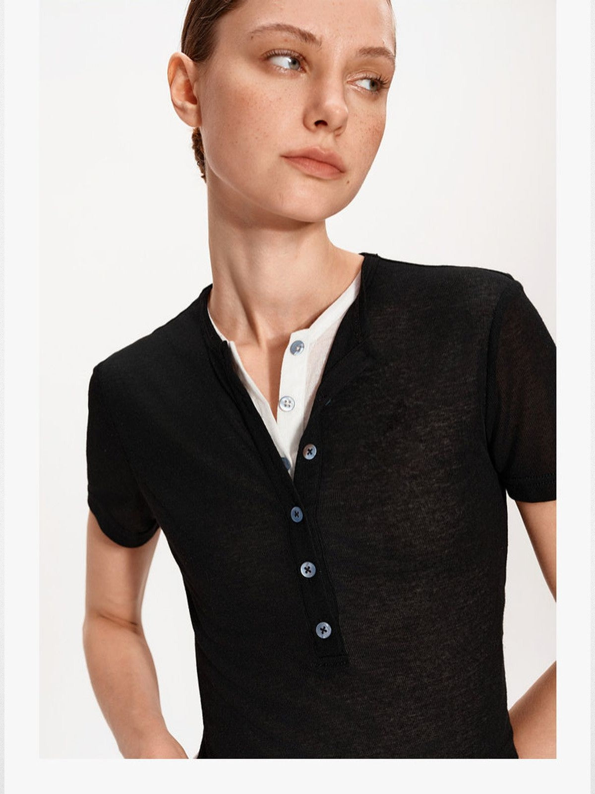 PUKI Faux Layered Knit Henley in Black - On Model